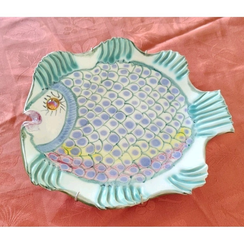Clay Horizons Studio Art Pottery Colorful Angel Fish Platter w/ Glass Eye 12"